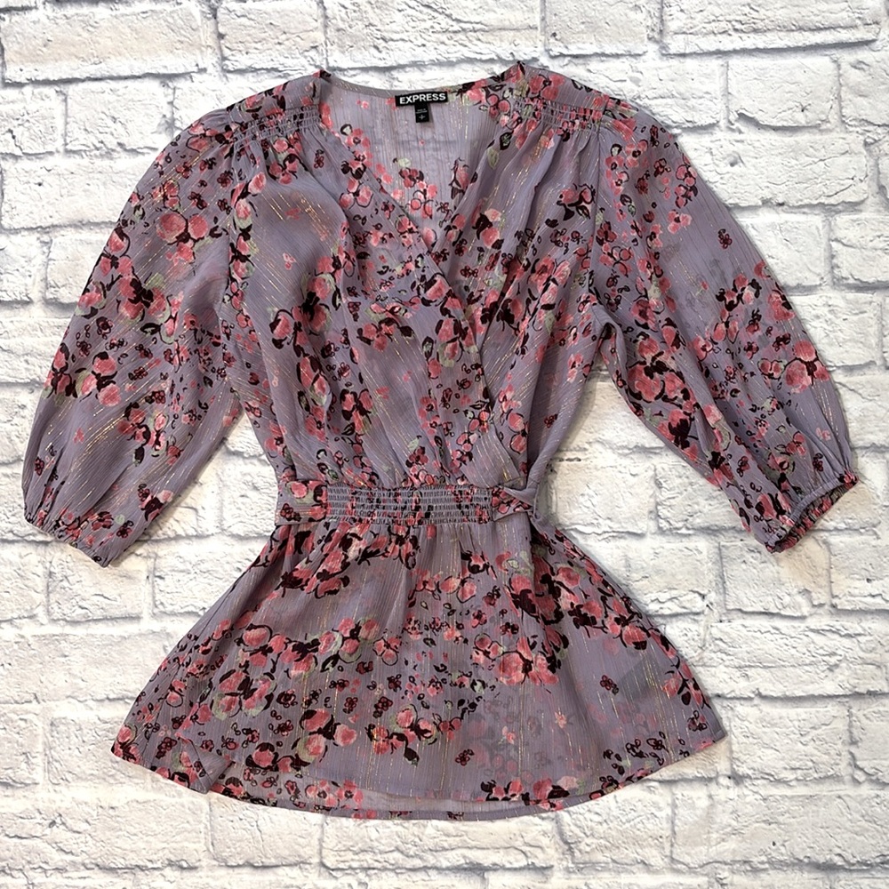 Express Floral Semi Sheer Blouse Purple Pink 3/4 Sleeves Tie Back Top Size Small